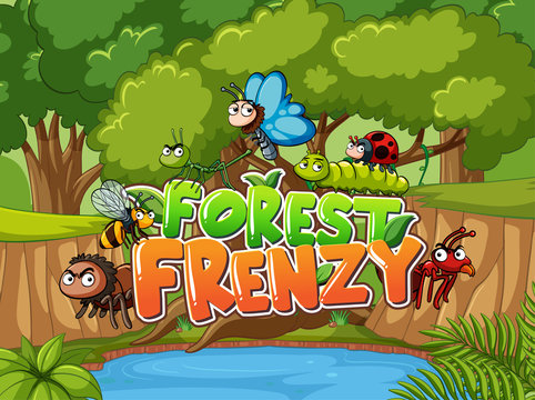 Background design with name forest frenzy and many bugs in forest