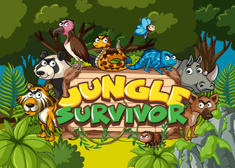 Obraz na płótnie Canvas Font design for jungle survivor with wild animals in background