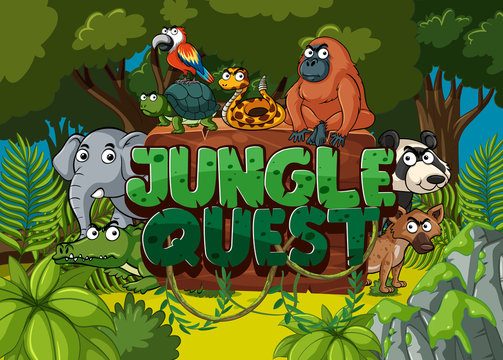 Font design for jungle quest with many animals in forest