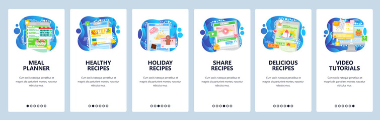 Meal delivery calendar, healthy food recipes, cooking video tutorials, share recipe online. Mobile app screens. Menu vector banner template for website mobile development. Web site design illustration