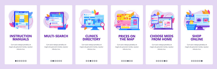 Order drugs in online pharmacy store. Search clinic location on a map. Mobile app onboarding screens. Menu vector banner template for website and mobile development. Web site design illustration