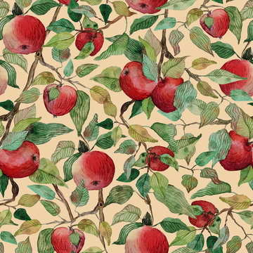 Seamless pattern apple tree branch with red apples watercolor stylized illustration
