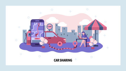 Woman sits in cafe and order taxi online on her phone. Car share city service. City map and transport route. Vector web site design template. Landing page website illustration