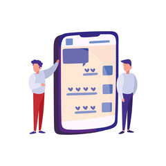 men standing around of big smartphone, colorful design