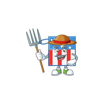 sweet Farmer USA price tag cartoon mascot with hat and tools