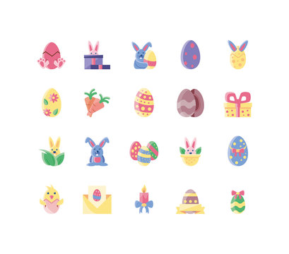 cute bunnies and happy easter concept of icons set, flat style and colorful design