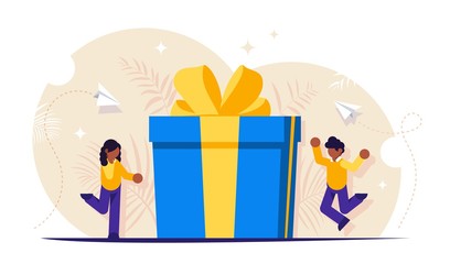 Loyalty program is a concept. Man and a woman receive a gift for using the services. Gift box with a bow. Vector isolated illustration.
