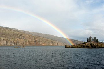 Eighteen Mile Island in the Columbia Gorge with a Rainbow, Taken in Winter