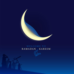 Plakat welcome to Ramadan kareem with circle sticker rolled out to see the crescent moon. It is a symbol of entering the Ramadan month