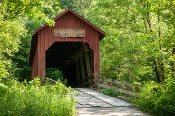 old wooden covered bridge in forest, Bean Blossom Indiana