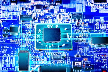 Circuit board background of computer motherboard. Integrated communication processor. Repair computer concept.