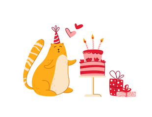 Cats birthday party greeting card - funny kitten in festive hat, gift box or present and sweet birthday cake, vector isolated cartoon flat character on white background for card, poster, clothes print
