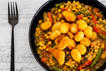 plant-based food, baby potatoes and creamy mixed veggies soup