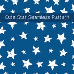 Obraz premium Cute white star seamless pattern on classic blue background, vector design. Cute star with funny expressions. Pantone 2020 classic blue color