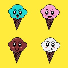 Set of ice creams character on yellow background 