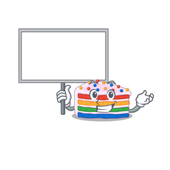 A cute picture of rainbow cake mascot design with a board