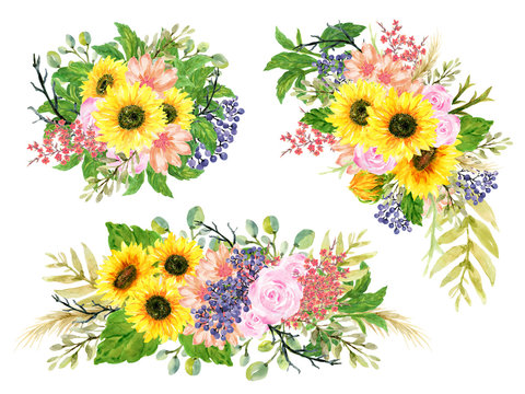 Watercolor illustration sunflower rose wildflower blossom Botanical leaves collection Set of wild and garden wreath bouquet arrangements hand painted