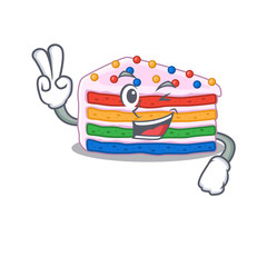 mascot of funny rainbow cake cartoon Character with two fingers