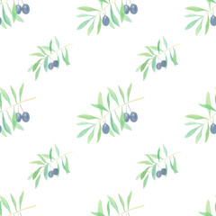 Fototapeta na wymiar Watercolor olives branches hand-drawn seamless pattern on white background. Watercolor background with olives and leaves. Perfect for planners, covers, fabric, kitchen towels, pillows. Spring, summer.