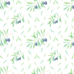 Watercolor olives branches hand-drawn seamless pattern on white background. Watercolor background with olives and leaves. Perfect for planners, covers, fabric, kitchen towels, pillows. Spring, summer.