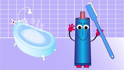 toothpaste and toothbrush in the bathroom. cartoon animation. video saver.
