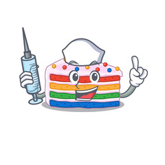 A rainbow cake hospitable Nurse character with a syringe