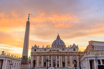 Sunset view of St. Peter's Basilica in Vatican City, the largest church in the world