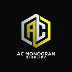 luxury gold silver ac, ca, a c initial monogram hexagon letter logo design with black background