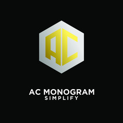 luxury gold silver ac, ca, a c initial monogram hexagon letter logo design with black background