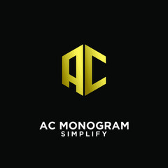 gold luxury ac, ca, a c initial monogram hexagon letter logo design with  black background