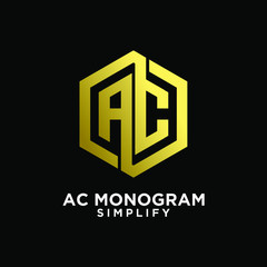 gold luxury ac, ca, a c initial monogram hexagon letter logo design with  black background