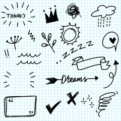 Hand drawn set elements, for concept design. doodle abstract isolated on paper background . vector illustration.