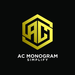 gold luxury ac, ca, a c initial monogram hexagon letter logo design with  black background