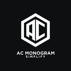 black ac, ca, a c initial monogram hexagon letter logo design with  dark background