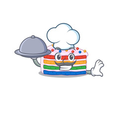 A picture of rainbow cake as a Chef serving food on tray