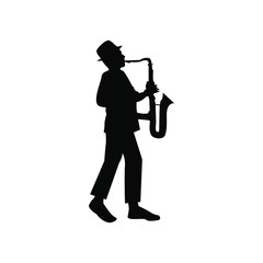 silhouette of man with saxophone. Black on white. Man plays the musical instrumen
