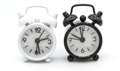 Black and White retro alarm clock isolated on white background. Alarm clock used to awaken people from their night's sleep or short naps.