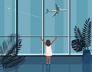 A vector illustration of Little cute girl traveling in the airport