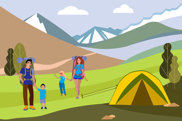 Vector template with tourists. A happy family goes hiking in the mountains. Hiking. Cartoon.
