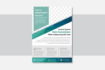 vertical layout modern business Flyer design with polygonal pattern using blue and green colors, the size of design in A4. space for photo on top.