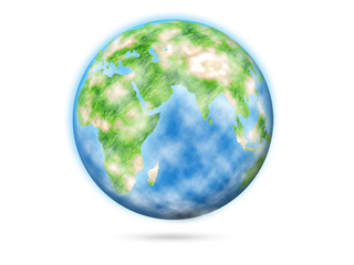 Earth Planet with some clouds  isolated on white background. Views of Eurasia and Africa.  Stylized illustration, Earth Day
