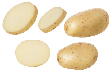 Potatoes fresh raw whole and slice isolated on white background with clipping path. Set or group of...
