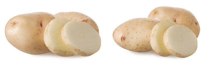 Whole fresh raw potato and cut potatoes slice isolated on white background with clipping path