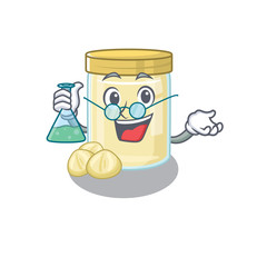 Cool macadamia nut butter Professor cartoon character with glass tube