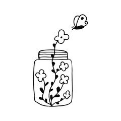 Beauty hand drawn jar with flowers and small cute butterfly. Vector illustration in black lines. Symbol of spring, summer, love, nature.