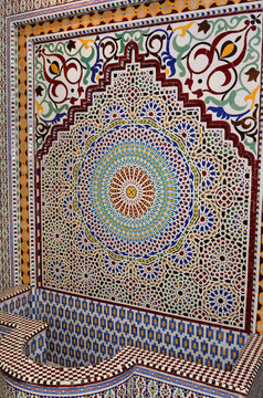 Newly completed Zellige terra cotta glazed tile water fountain mosaic pattern Fes Morocco shop
