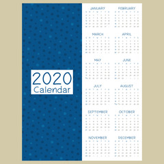 Calendar 2020. One page 12 months calendar with blue dots pattern, using Pantone 2020 classic blue color. Printable calendar template, vector design.