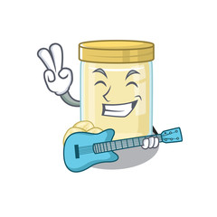 A picture of macadamia nut butter playing a guitar