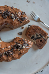 home made Chocolate Oreo Bundt Cake on a table
