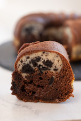 home made Chocolate Oreo Bundt Cake on a table